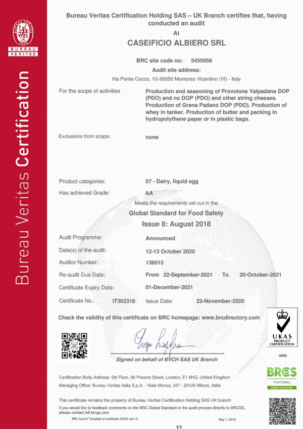 Certificazione BRC FOOD sito di Montorso Vic.