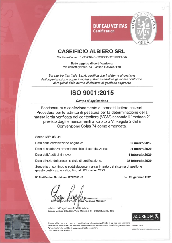 Certificazione ISO 9001 2015  pesatura Solas