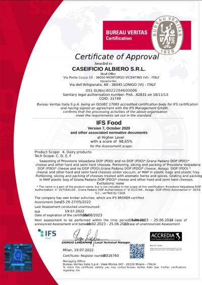 Certificazione IFS FOOD sito di Lonigo
